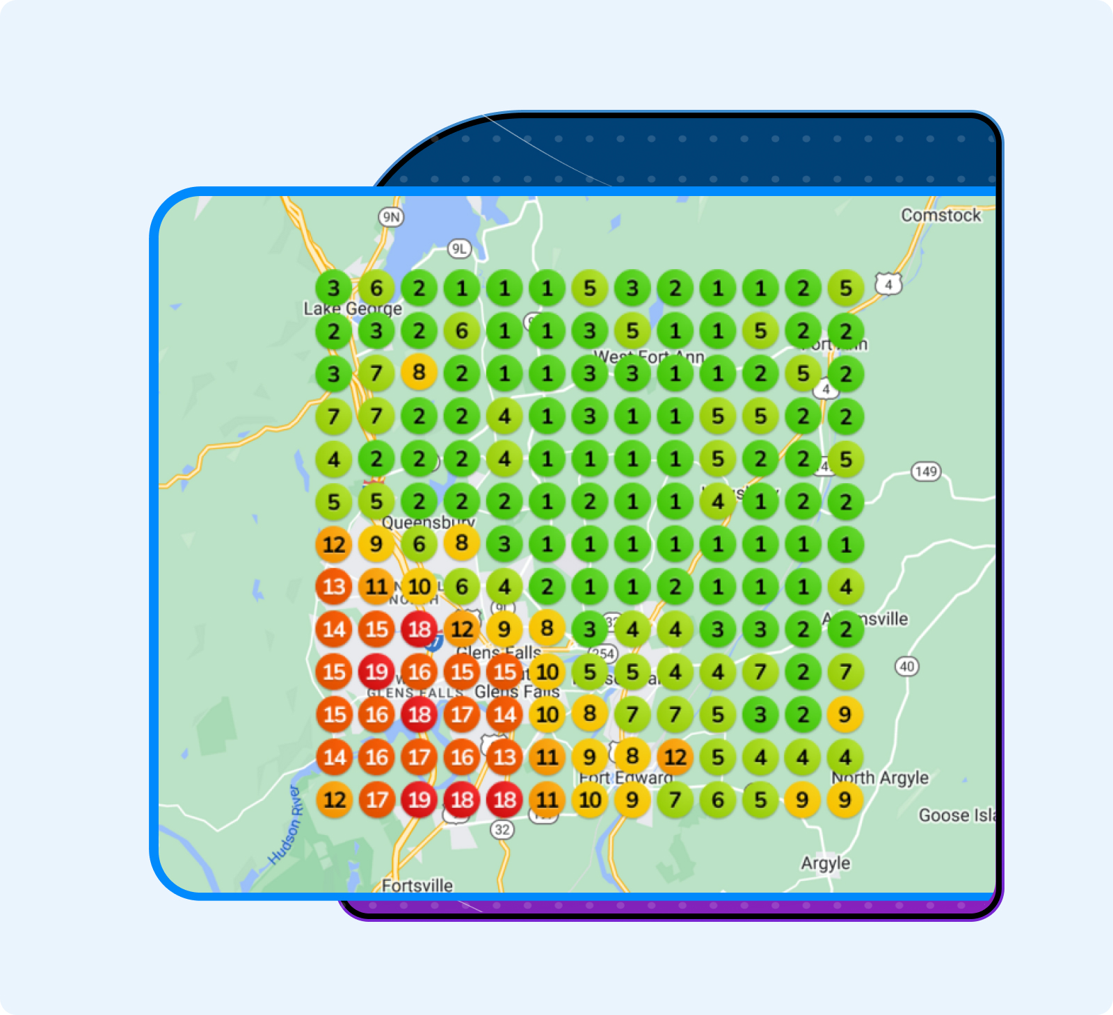 Supplier sample ranking map around Lake George and Glens Falls. Numbered points range from 1 to 19, with lower positions concentrated in the southwest. This is an illustration, not a customer report.